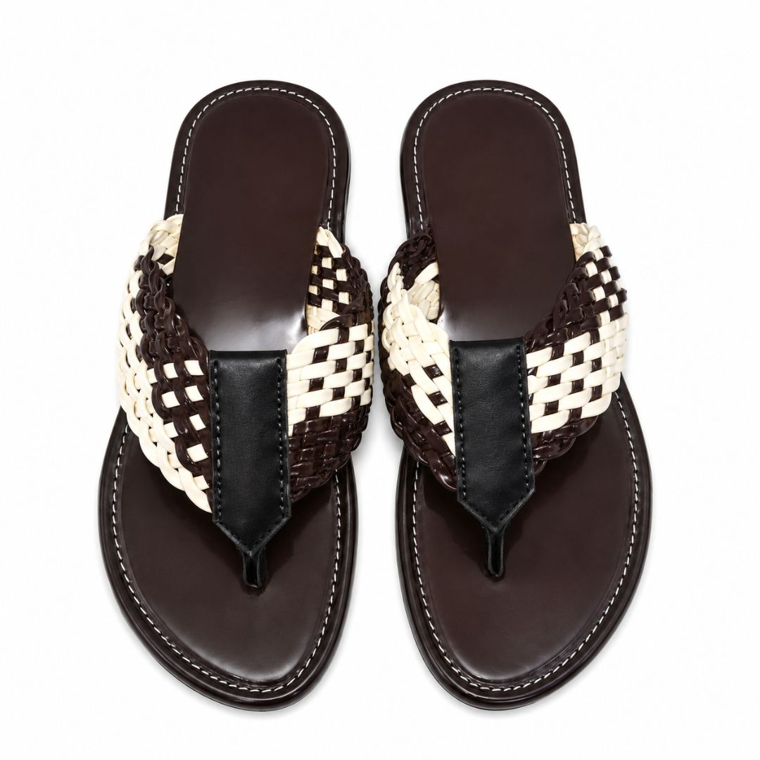 Two Tone Woven Toe Ring Flat Sandals